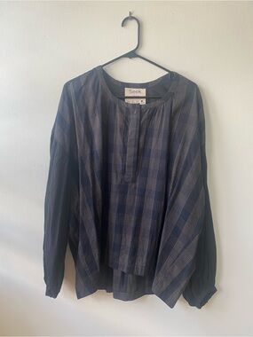 Seek Collective Navy Plaid Lightweight Button-Neck Blouse